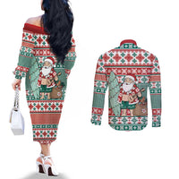 Hawaiian Funny Santa Surf Couples Matching Off The Shoulder Long Sleeve Dress and Long Sleeve Button Shirt Mele Kalikimaka Palaka Quilt Pattern LT9 - Polynesian Pride