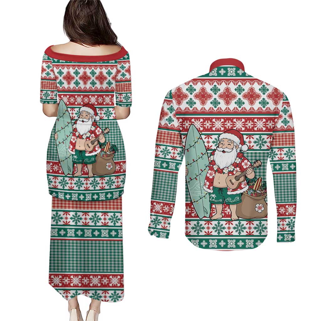 Hawaiian Funny Santa Surf Couples Matching Puletasi and Long Sleeve Button Shirt Mele Kalikimaka Palaka Quilt Pattern - Polynesian Pride