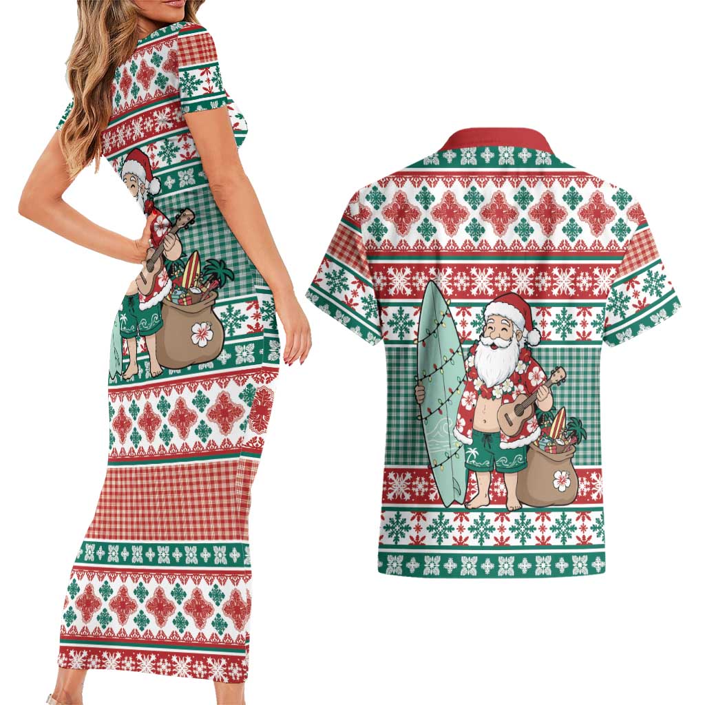 Hawaiian Funny Santa Surf Couples Matching Short Sleeve Bodycon Dress and Hawaiian Shirt Mele Kalikimaka Palaka Quilt Pattern LT9 - Polynesian Pride