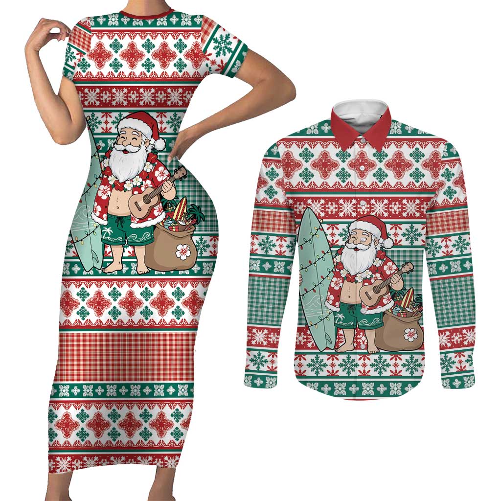 Hawaiian Funny Santa Surf Couples Matching Short Sleeve Bodycon Dress and Long Sleeve Button Shirt Mele Kalikimaka Palaka Quilt Pattern LT9 Green - Polynesian Pride