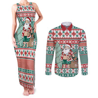 Hawaiian Funny Santa Surf Couples Matching Tank Maxi Dress and Long Sleeve Button Shirt Mele Kalikimaka Palaka Quilt Pattern LT9 Green - Polynesian Pride