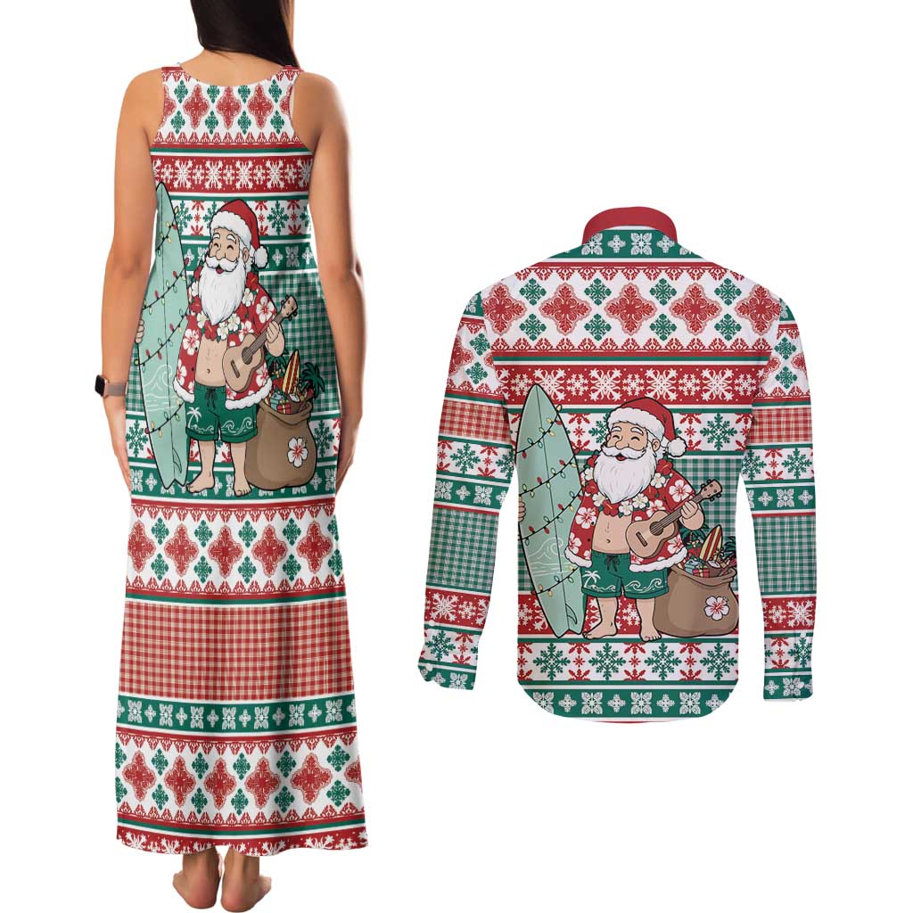 Hawaiian Funny Santa Surf Couples Matching Tank Maxi Dress and Long Sleeve Button Shirt Mele Kalikimaka Palaka Quilt Pattern LT9 - Polynesian Pride