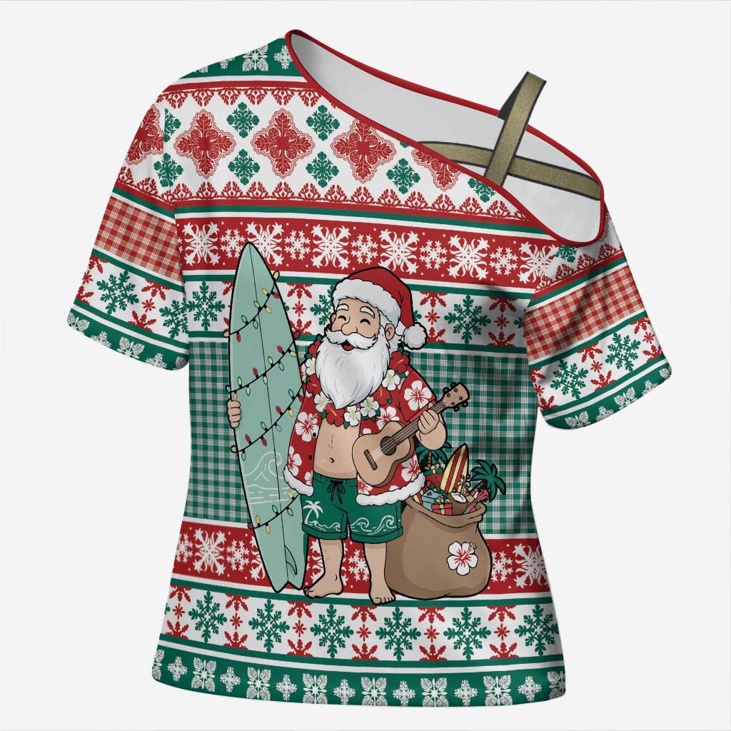 Hawaiian Funny Santa Surf Cross Shoulder Shirt Mele Kalikimaka Palaka Quilt Pattern - Polynesian Pride