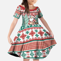 Hawaiian Funny Santa Surf Family Matching Long Sleeve Bodycon Dress and Hawaiian Shirt Mele Kalikimaka Palaka Quilt Pattern LT9 Daughter's Dress Green - Polynesian Pride