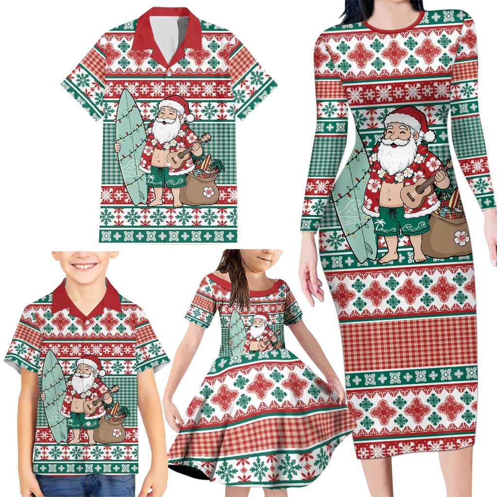 Hawaiian Funny Santa Surf Family Matching Long Sleeve Bodycon Dress and Hawaiian Shirt Mele Kalikimaka Palaka Quilt Pattern LT9 - Polynesian Pride