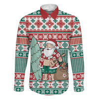 Hawaiian Funny Santa Surf Family Matching Long Sleeve Bodycon Dress and Hawaiian Shirt Mele Kalikimaka Palaka Quilt Pattern LT9 Dad's Shirt - Long Sleeve Green - Polynesian Pride