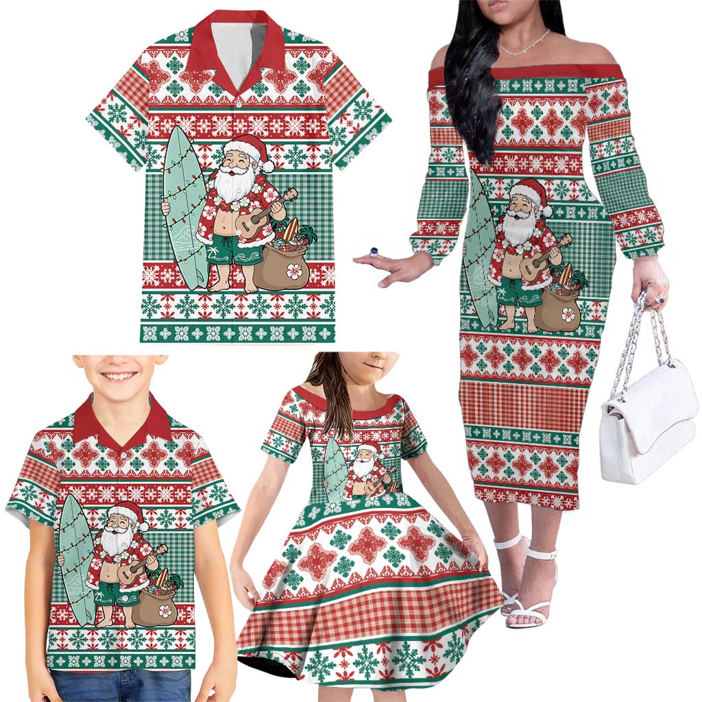 Hawaiian Funny Santa Surf Family Matching Off The Shoulder Long Sleeve Dress and Hawaiian Shirt Mele Kalikimaka Palaka Quilt Pattern LT9 - Polynesian Pride