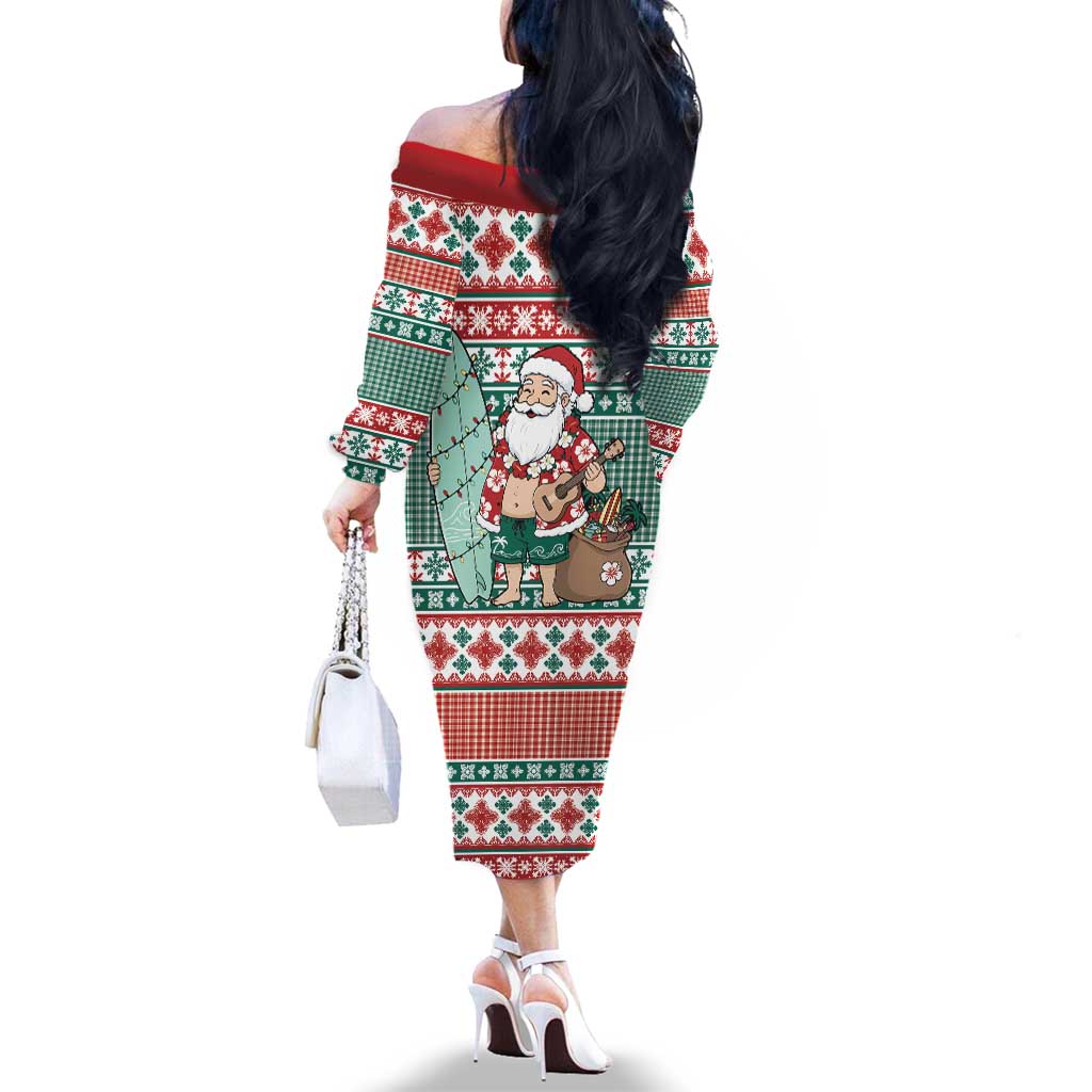 Hawaiian Funny Santa Surf Family Matching Off The Shoulder Long Sleeve Dress and Hawaiian Shirt Mele Kalikimaka Palaka Quilt Pattern LT9 - Polynesian Pride