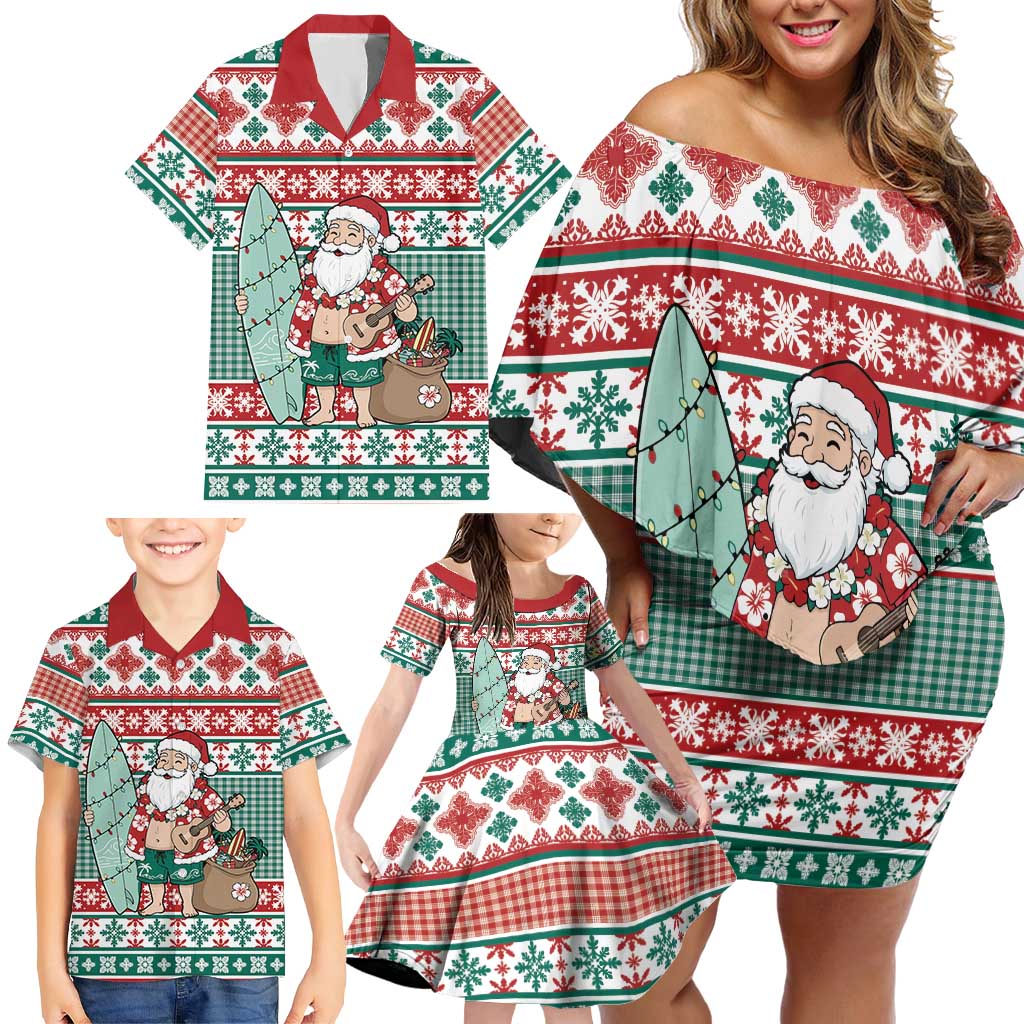 Hawaiian Funny Santa Surf Family Matching Off Shoulder Short Dress and Hawaiian Shirt Mele Kalikimaka Palaka Quilt Pattern - Polynesian Pride