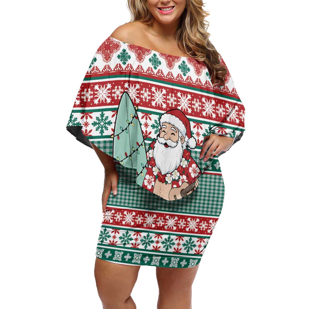 Hawaiian Funny Santa Surf Family Matching Off Shoulder Short Dress and Hawaiian Shirt Mele Kalikimaka Palaka Quilt Pattern LT9 Green - Polynesian Pride