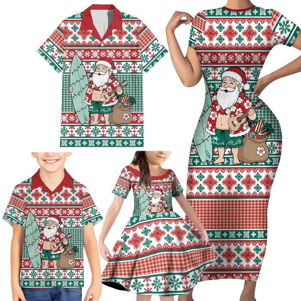 Hawaiian Funny Santa Surf Family Matching Short Sleeve Bodycon Dress and Hawaiian Shirt Mele Kalikimaka Palaka Quilt Pattern - Polynesian Pride