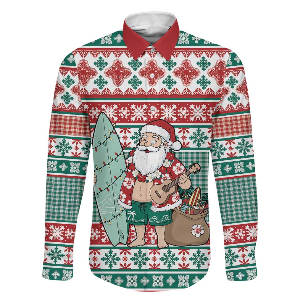 Hawaiian Funny Santa Surf Family Matching Tank Maxi Dress and Hawaiian Shirt Mele Kalikimaka Palaka Quilt Pattern LT9 Dad's Shirt - Long Sleeve Green - Polynesian Pride