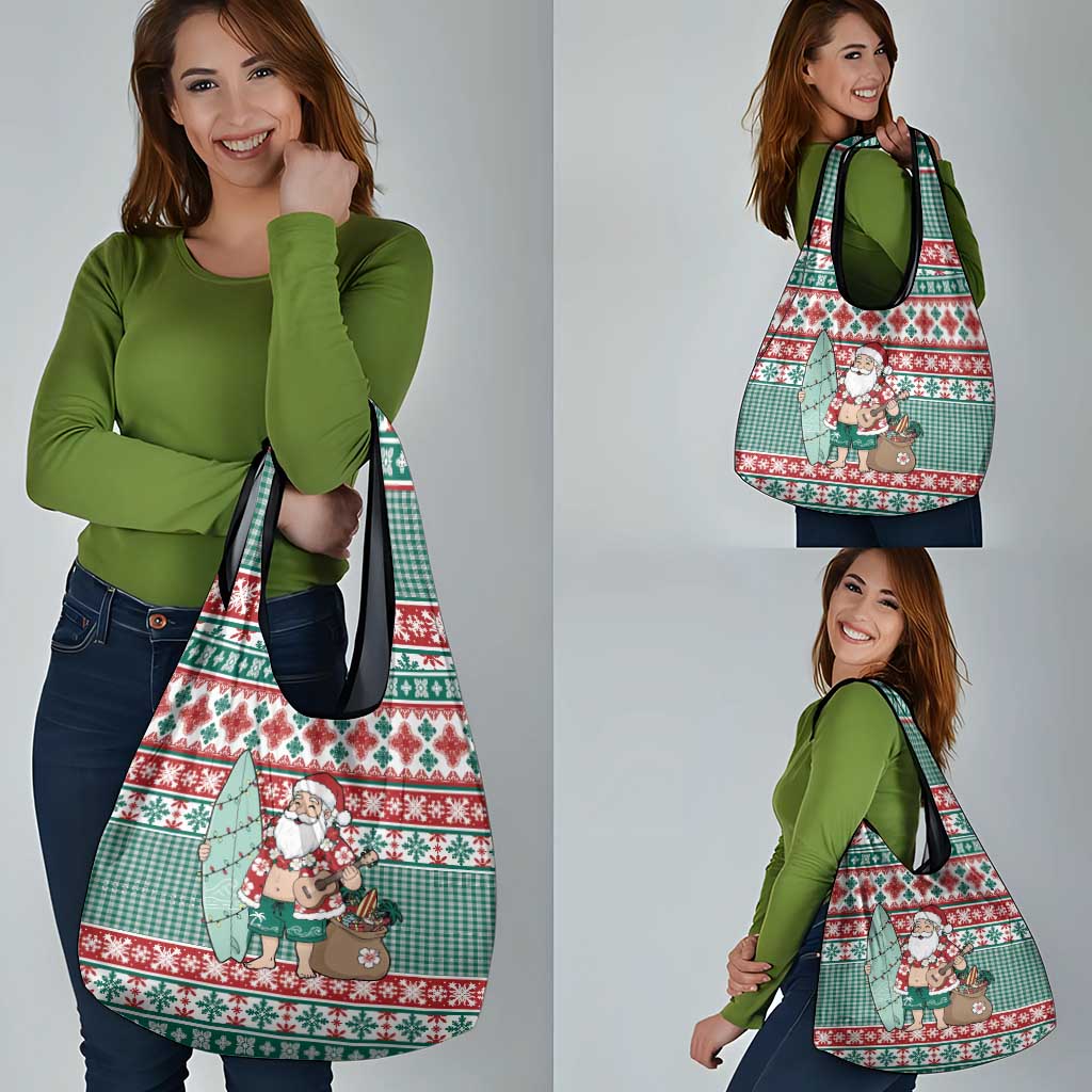 Hawaiian Funny Santa Surf Grocery Bag Mele Kalikimaka Palaka Quilt Pattern - Polynesian Pride