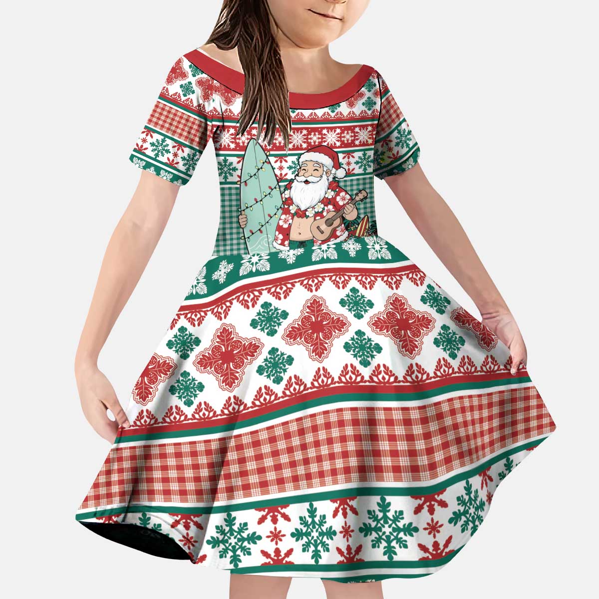 Hawaiian Funny Santa Surf Kid Short Sleeve Dress Mele Kalikimaka Palaka Quilt Pattern - Polynesian Pride