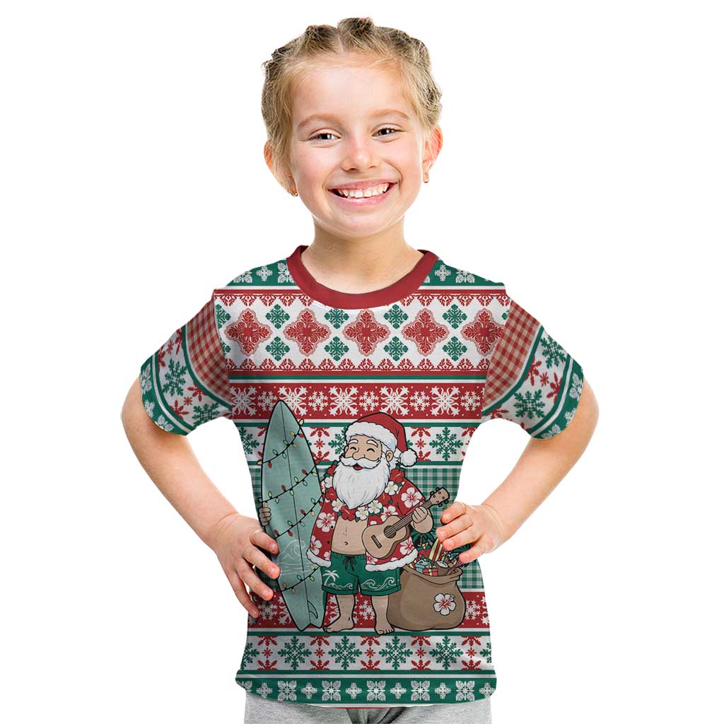 Hawaiian Funny Santa Surf Kid T Shirt Mele Kalikimaka Palaka Quilt Pattern - Polynesian Pride