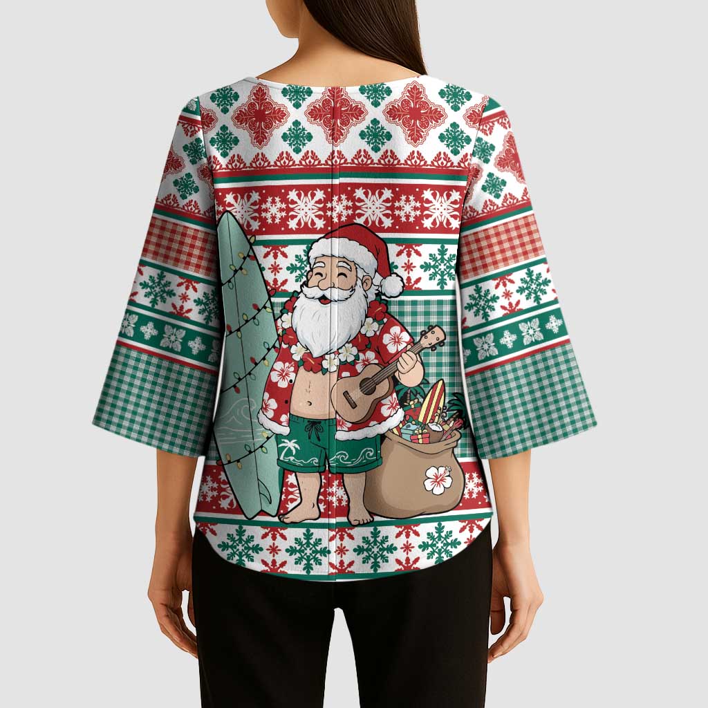 Hawaiian Funny Santa Surf Kimono Sleeve Blouse Mele Kalikimaka Palaka Quilt Pattern - Polynesian Pride
