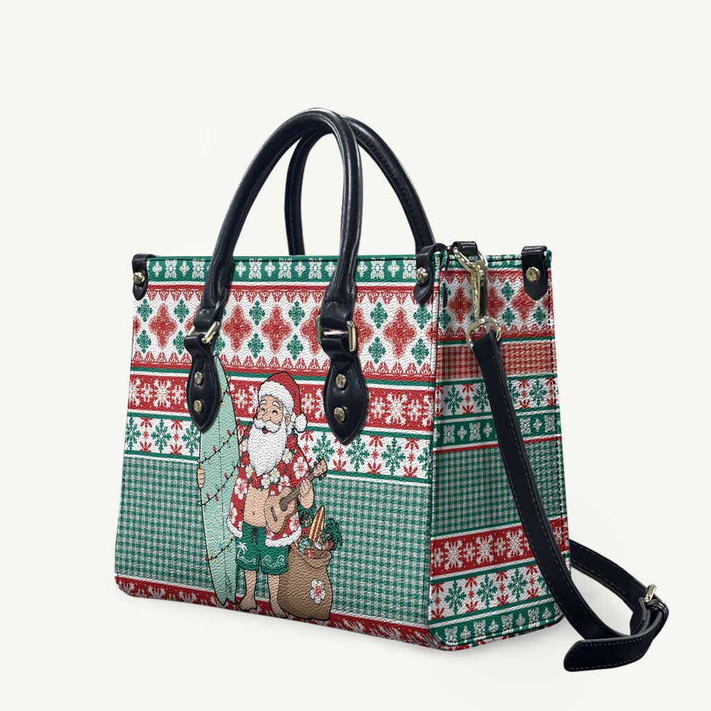 Hawaiian Funny Santa Surf Leather Bag Mele Kalikimaka Palaka Quilt Pattern - Polynesian Pride