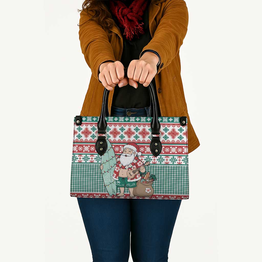 Hawaiian Funny Santa Surf Leather Bag Mele Kalikimaka Palaka Quilt Pattern - Polynesian Pride