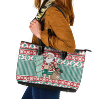 Hawaiian Funny Santa Surf Leather Tote Bag Mele Kalikimaka Palaka Quilt Pattern - Polynesian Pride