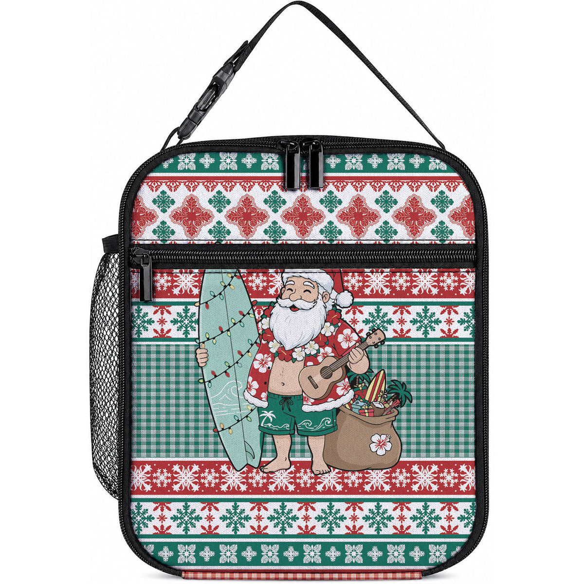 Hawaiian Funny Santa Surf Lunch Bag Mele Kalikimaka Palaka Quilt Pattern LT9 10.2 × 8.3 × 4.3 inch Green - Polynesian Pride