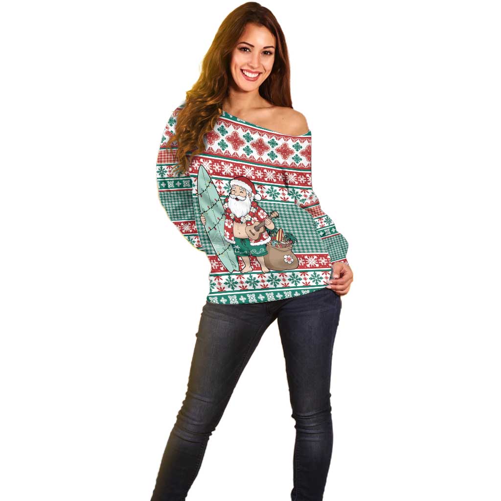 Hawaiian Funny Santa Surf Off Shoulder Sweater Mele Kalikimaka Palaka Quilt Pattern - Polynesian Pride
