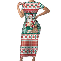 Hawaiian Funny Santa Surf Short Sleeve Bodycon Dress Mele Kalikimaka Palaka Quilt Pattern - Polynesian Pride