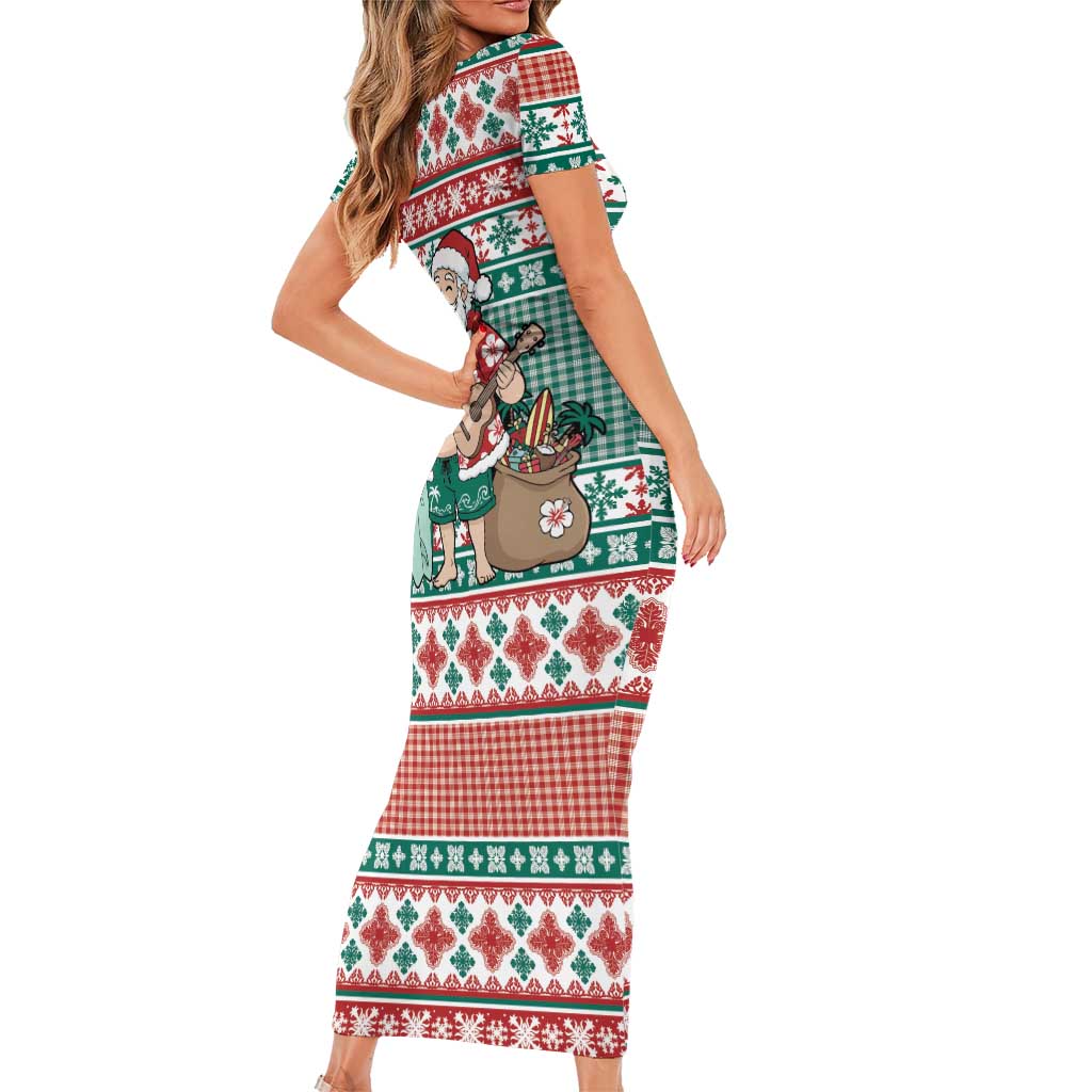 Hawaiian Funny Santa Surf Short Sleeve Bodycon Dress Mele Kalikimaka Palaka Quilt Pattern - Polynesian Pride