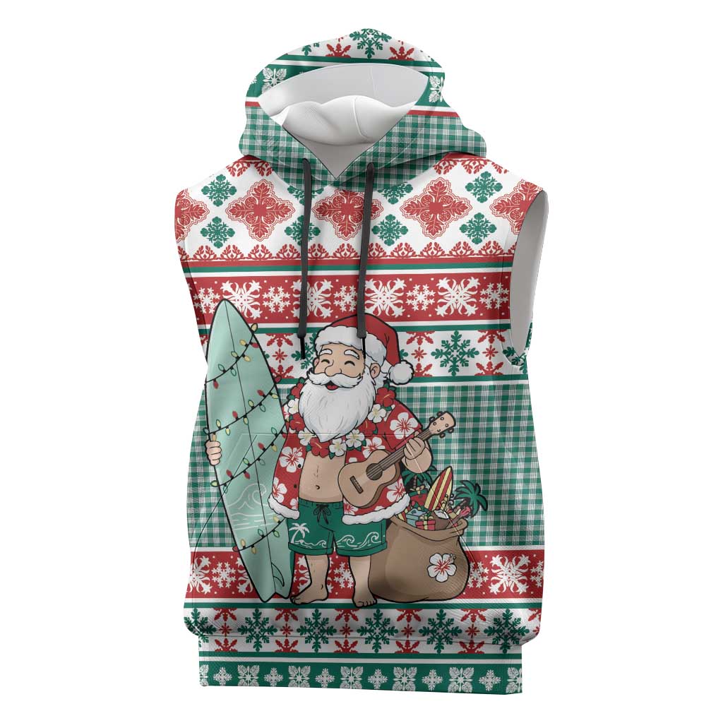 Hawaiian Funny Santa Surf Sleeveless Hoodie Mele Kalikimaka Palaka Quilt Pattern LT9 Green - Polynesian Pride