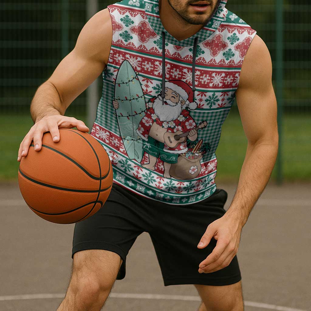 Hawaiian Funny Santa Surf Sleeveless Hoodie Mele Kalikimaka Palaka Quilt Pattern - Polynesian Pride