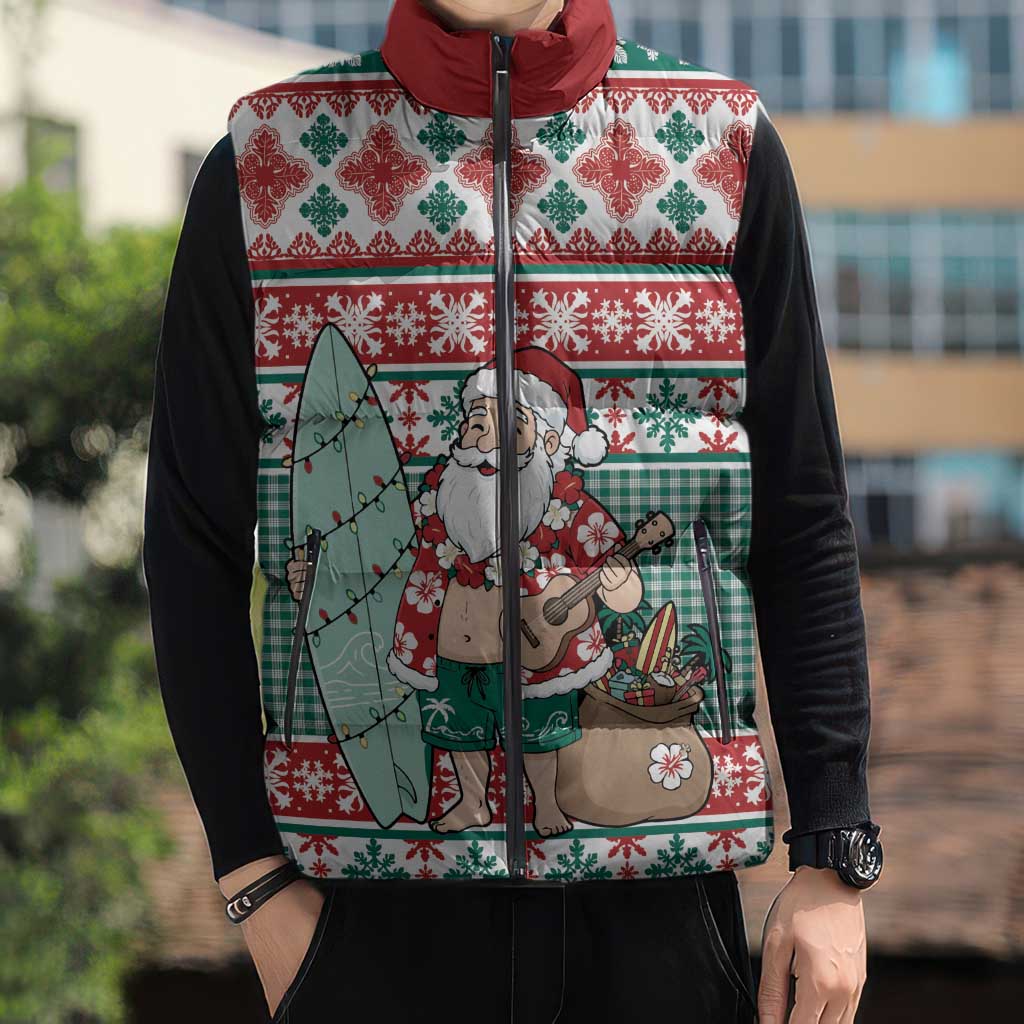Hawaiian Funny Santa Surf Sleeveless Puffer Jacket Mele Kalikimaka Palaka Quilt Pattern - Polynesian Pride