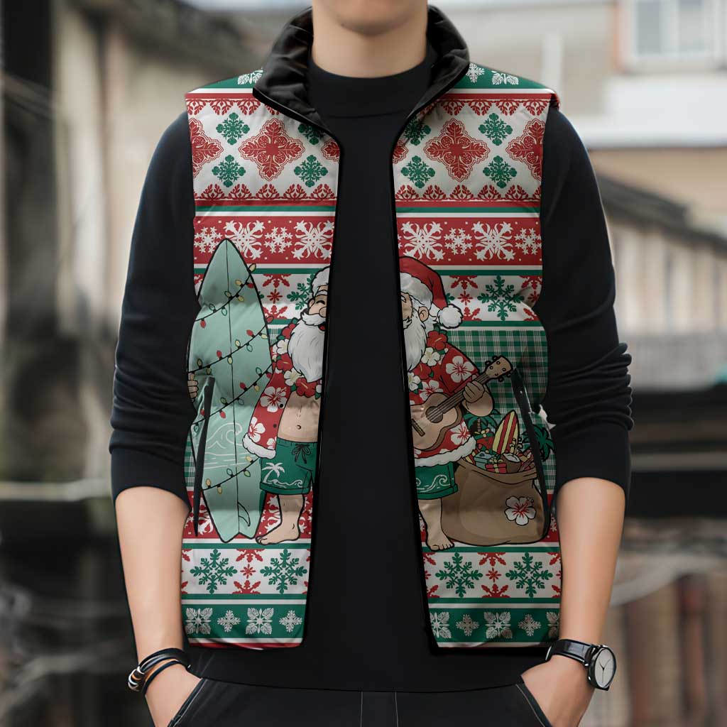 Hawaiian Funny Santa Surf Sleeveless Puffer Jacket Mele Kalikimaka Palaka Quilt Pattern - Polynesian Pride
