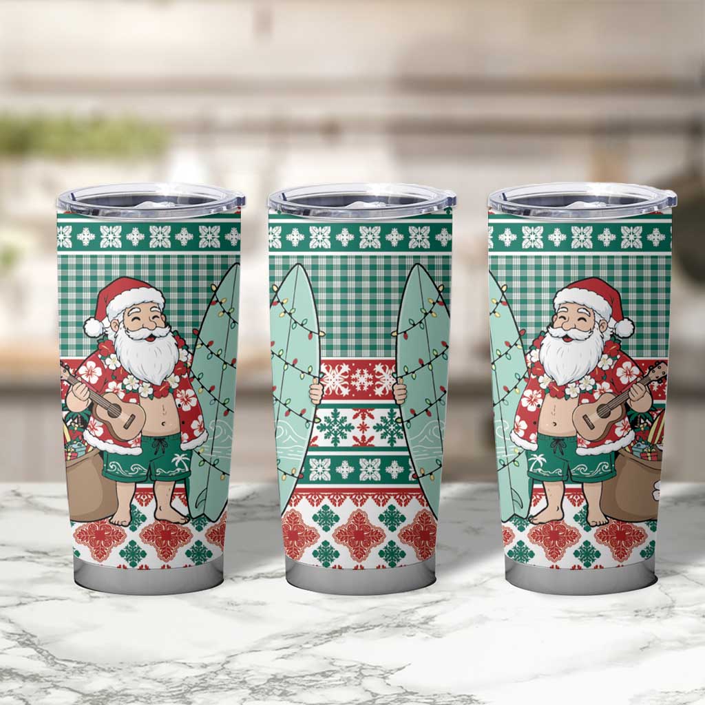 Hawaiian Funny Santa Surf Tumbler Cup Mele Kalikimaka Palaka Quilt Pattern - Polynesian Pride