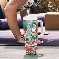 Hawaiian Funny Santa Surf Tumbler With Handle Mele Kalikimaka Palaka Quilt Pattern - Polynesian Pride