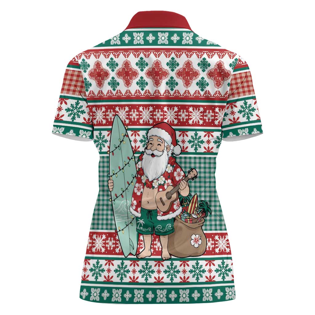 Hawaiian Funny Santa Surf Women Polo Shirt Mele Kalikimaka Palaka Quilt Pattern - Polynesian Pride