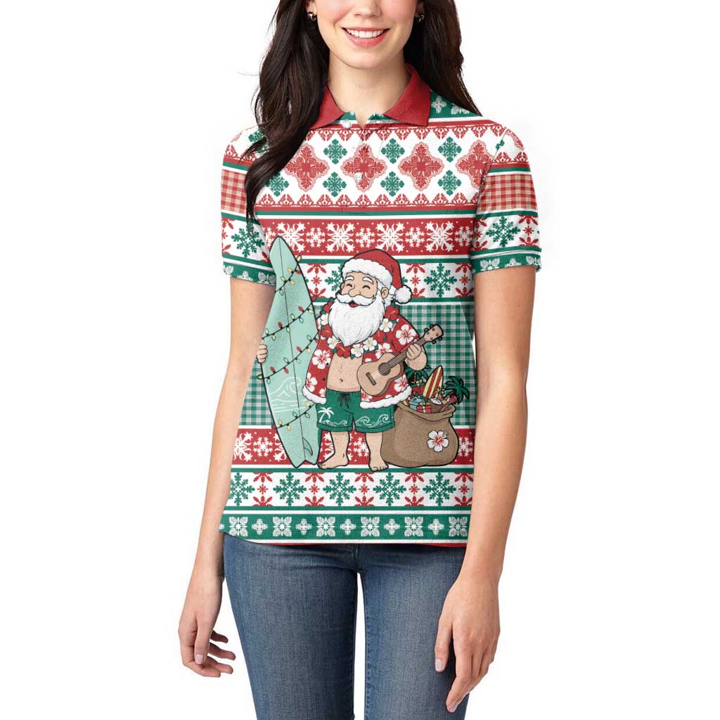 Hawaiian Funny Santa Surf Women Polo Shirt Mele Kalikimaka Palaka Quilt Pattern - Polynesian Pride