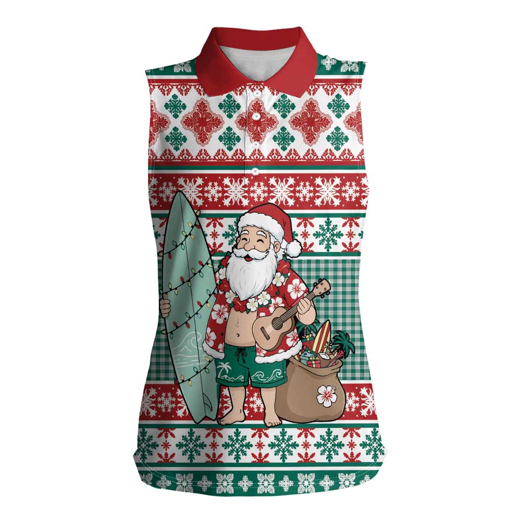 Hawaiian Funny Santa Surf Women Sleeveless Polo Shirt Mele Kalikimaka Palaka Quilt Pattern LT9 Female Green - Polynesian Pride