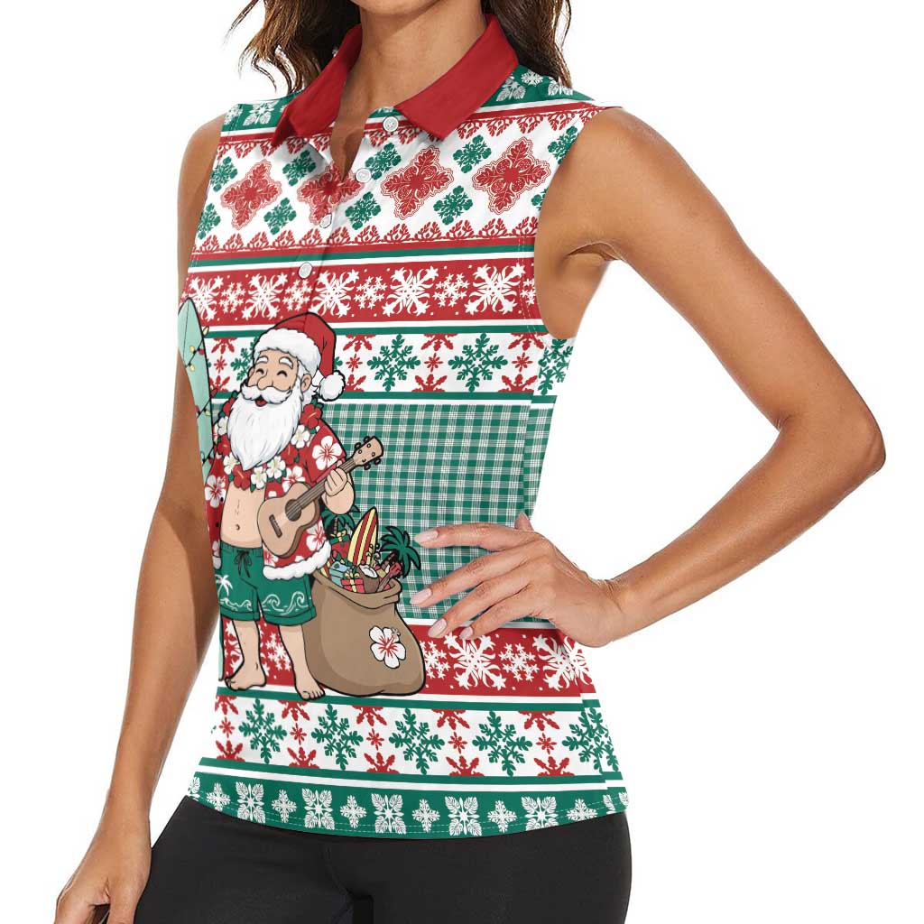 Hawaiian Funny Santa Surf Women Sleeveless Polo Shirt Mele Kalikimaka Palaka Quilt Pattern LT9 - Polynesian Pride