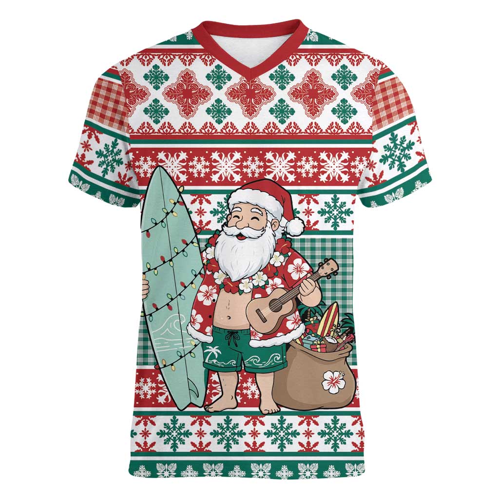 Hawaiian Funny Santa Surf Women V-Neck T-Shirt Mele Kalikimaka Palaka Quilt Pattern LT9 Female Green - Polynesian Pride