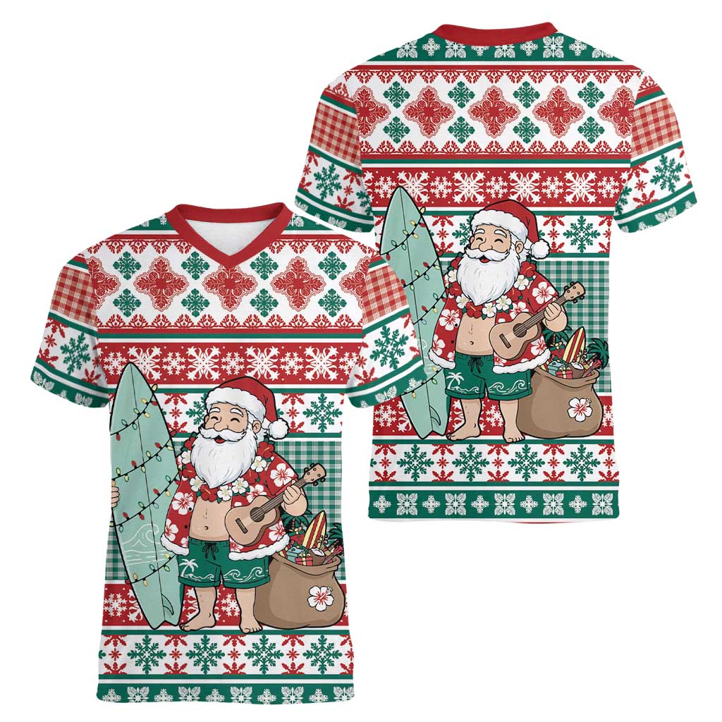 Hawaiian Funny Santa Surf Women V-Neck T-Shirt Mele Kalikimaka Palaka Quilt Pattern LT9 - Polynesian Pride