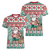 Hawaiian Funny Santa Surf Women V-Neck T-Shirt Mele Kalikimaka Palaka Quilt Pattern LT9 - Polynesian Pride