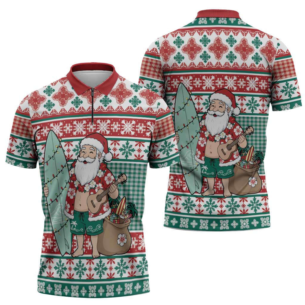 Hawaiian Funny Santa Surf Zipper Polo Shirt Mele Kalikimaka Palaka Quilt Pattern - Polynesian Pride