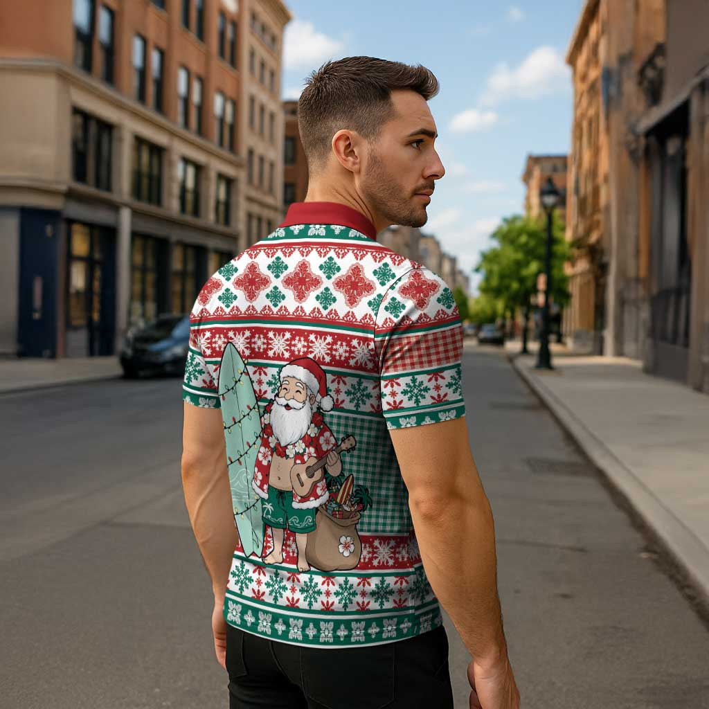 Hawaiian Funny Santa Surf Zipper Polo Shirt Mele Kalikimaka Palaka Quilt Pattern - Polynesian Pride