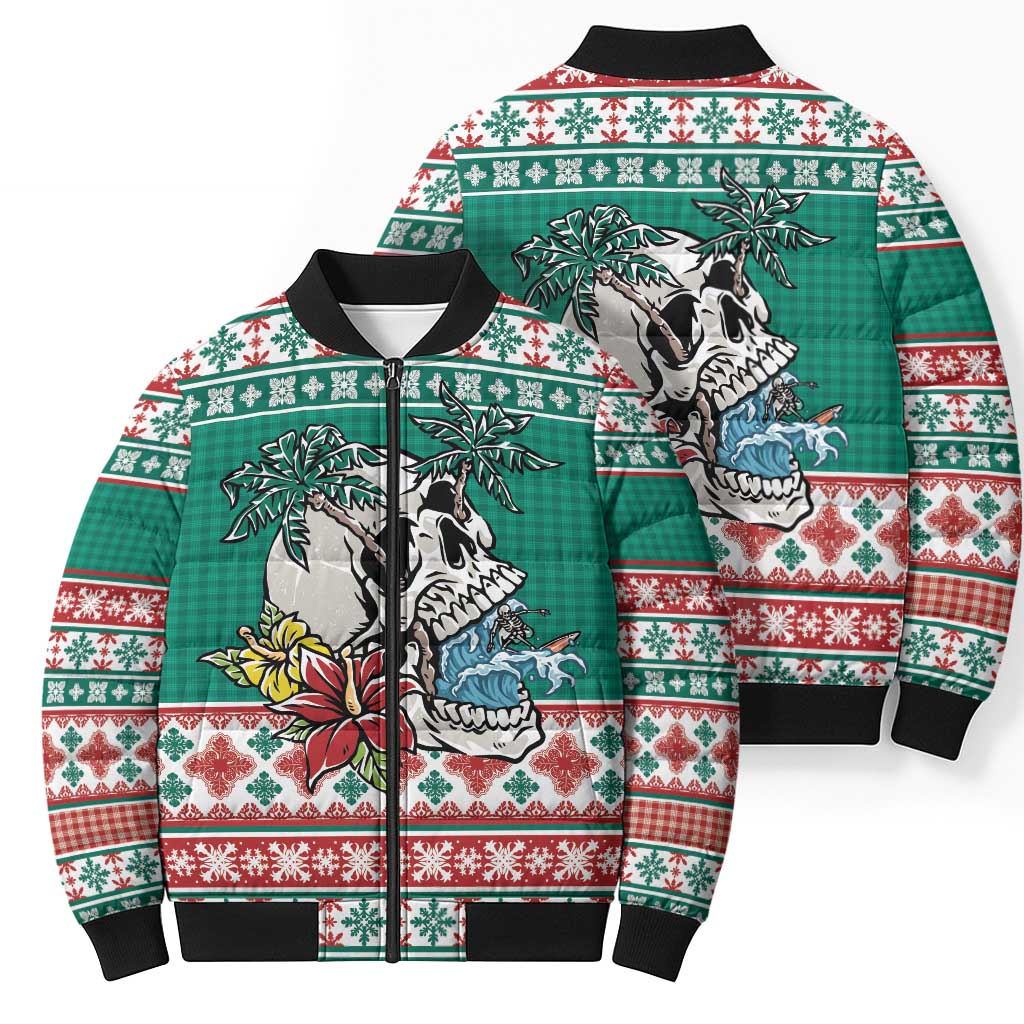 Hawaiian Skull Surfs Bomber Puffer Jacket Mele Kalikimaka Palaka Quilt Pattern - Polynesian Pride