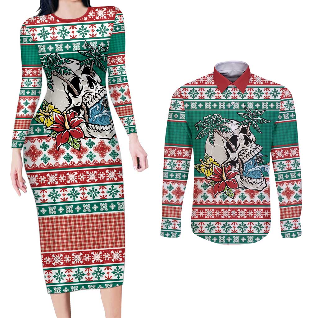 Hawaiian Skull Surfs Couples Matching Long Sleeve Bodycon Dress and Long Sleeve Button Shirt Mele Kalikimaka Palaka Quilt Pattern LT9 Green - Polynesian Pride
