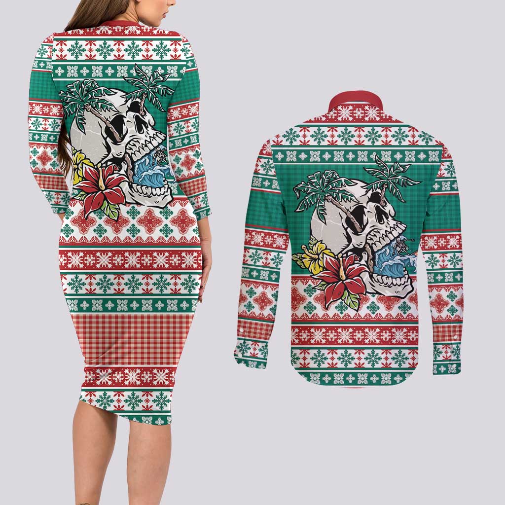 Hawaiian Skull Surfs Couples Matching Long Sleeve Bodycon Dress and Long Sleeve Button Shirt Mele Kalikimaka Palaka Quilt Pattern LT9 - Polynesian Pride