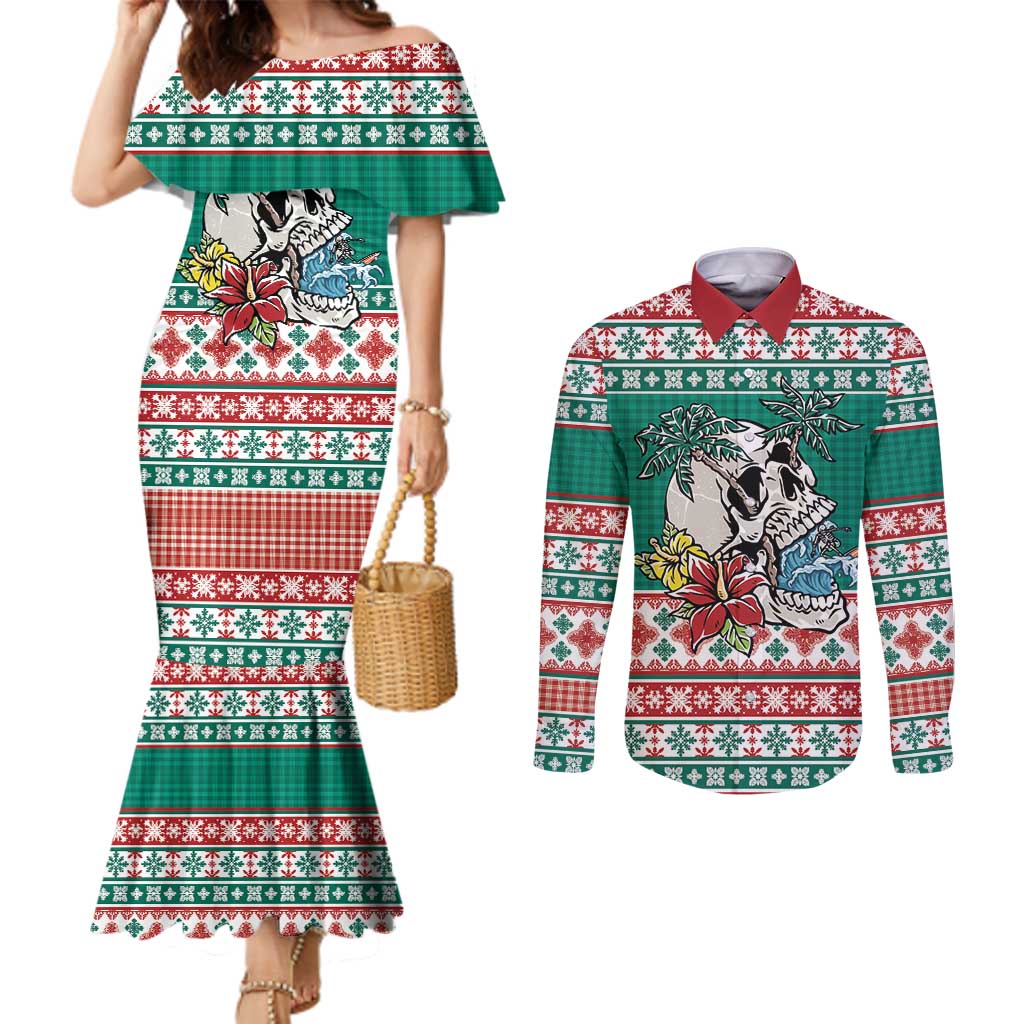 Hawaiian Skull Surfs Couples Matching Mermaid Dress and Long Sleeve Button Shirt Mele Kalikimaka Palaka Quilt Pattern - Polynesian Pride
