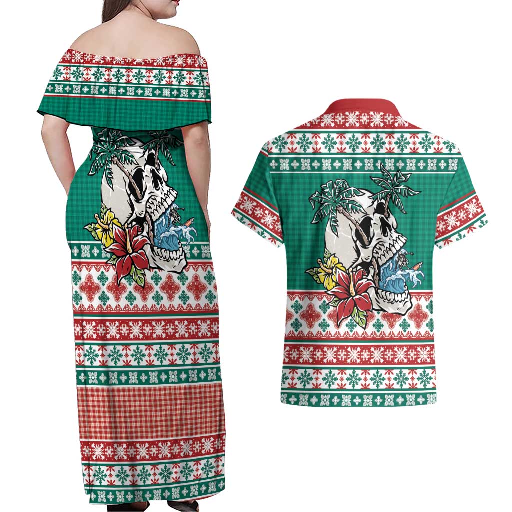 Hawaiian Skull Surfs Couples Matching Off Shoulder Maxi Dress and Hawaiian Shirt Mele Kalikimaka Palaka Quilt Pattern LT9 - Polynesian Pride