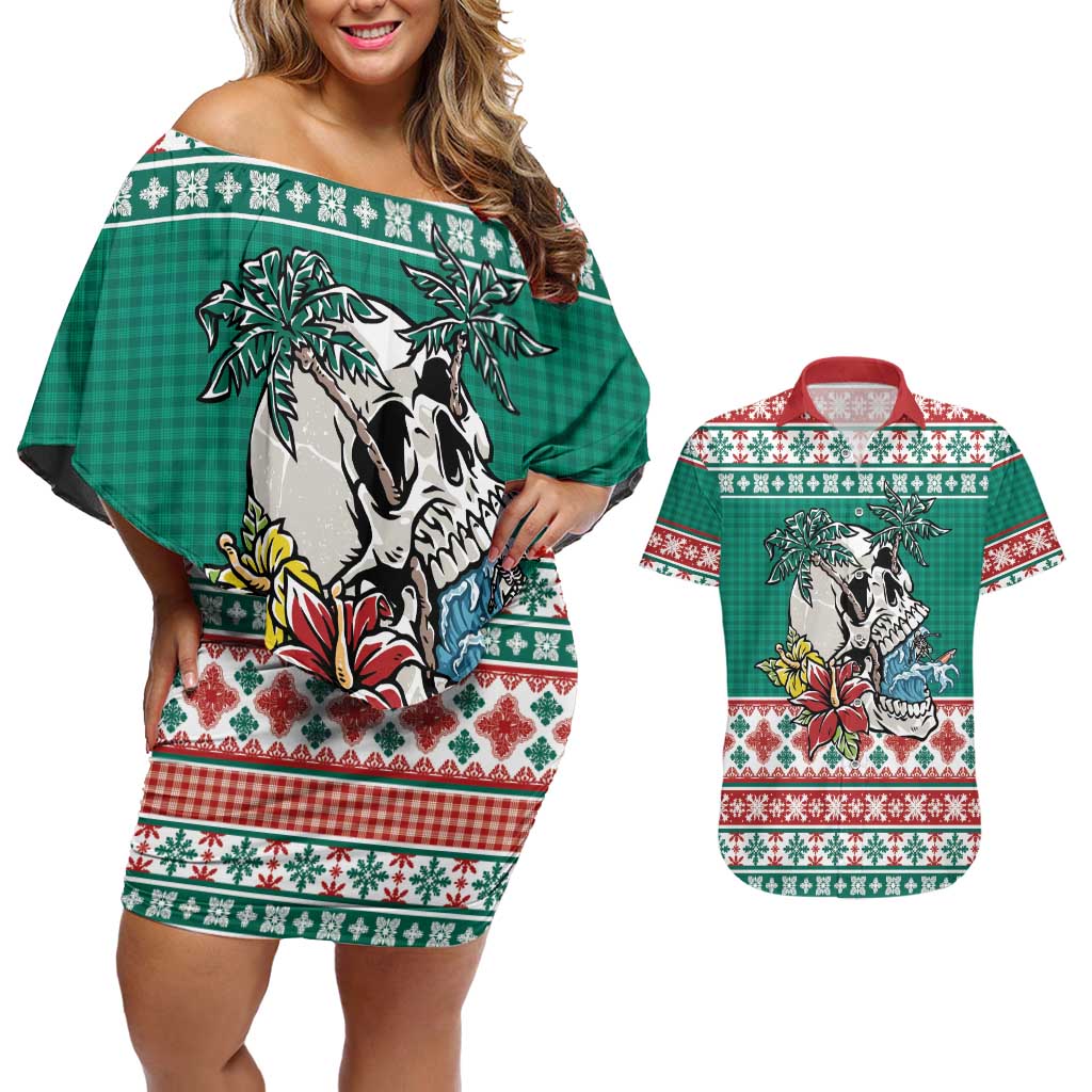 Hawaiian Skull Surfs Couples Matching Off Shoulder Short Dress and Hawaiian Shirt Mele Kalikimaka Palaka Quilt Pattern - Polynesian Pride