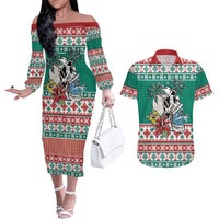 Hawaiian Skull Surfs Couples Matching Off The Shoulder Long Sleeve Dress and Hawaiian Shirt Mele Kalikimaka Palaka Quilt Pattern LT9 Green - Polynesian Pride