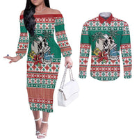 Hawaiian Skull Surfs Couples Matching Off The Shoulder Long Sleeve Dress and Long Sleeve Button Shirt Mele Kalikimaka Palaka Quilt Pattern LT9 Green - Polynesian Pride
